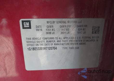 2017 Chevrolet Cruze Lt Auto из США, поврежденный, VIN 1G1BE5SM1H7120764